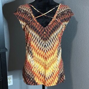 Guess‎ Women's Top Large Criss Cross V-Neck Abstract Print Y2K Inspired Boho